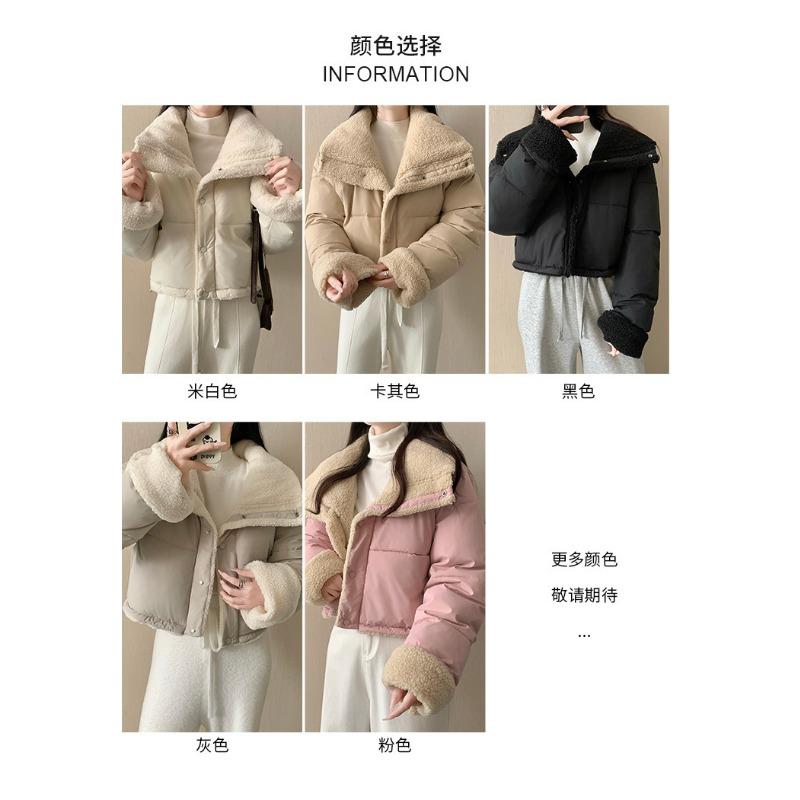 Women Short Thick Cotton Padded Coat Turn Down Collar Long Sleeve Loose Double Sided Winter Outerwear