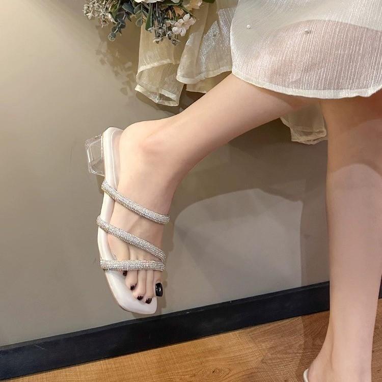 Stepping on shit sandals women's thin heel rhinestones 2024 new summer French temperament with slippers and high heels