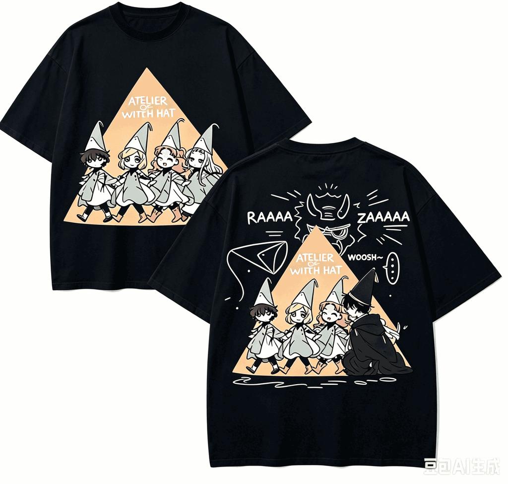 2026 Summer Witch Hat Atelier Tshirt Front Triangle Group Back Glowing Mage Graphic Oversized Cotton Tee For Otaku Fans