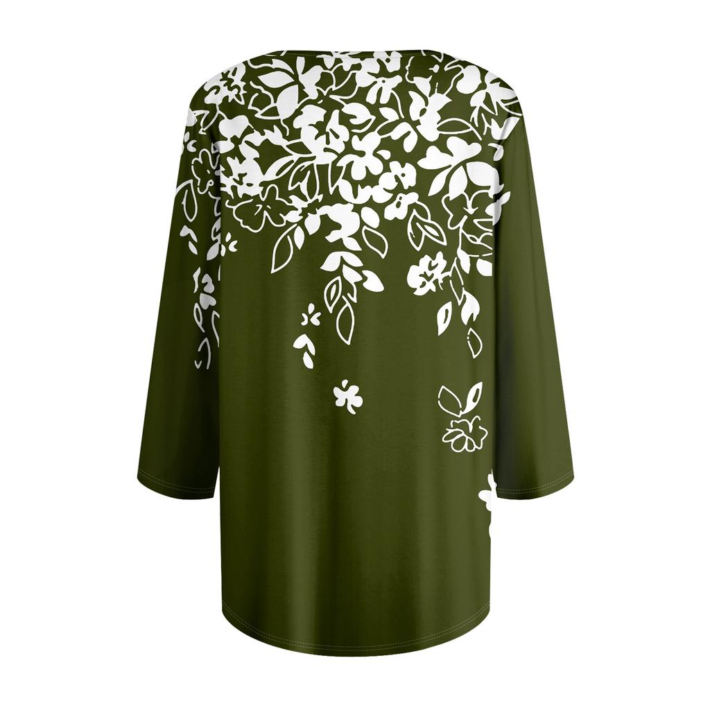 Women's Fashion Seven Sleeve Top Round Neck Pleated Casual Printed Top