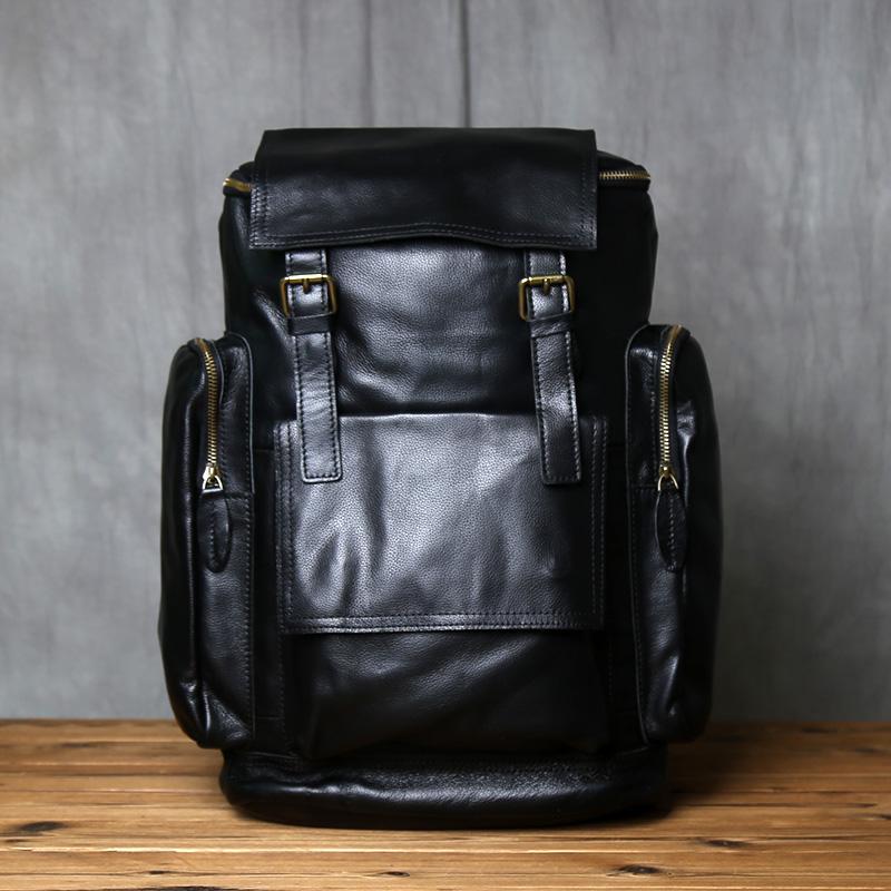 NZPJ Men's Retro Large Capacity Leather Backpack Genuine First Layer Natural Cowhide Travel Laptop Bag