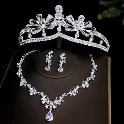 Crystal Atmospheric High-end Wedding Tiara Bridal Crown Necklace Earrings 3pcs Set Korean Fairy Main Wedding Dress Accessories