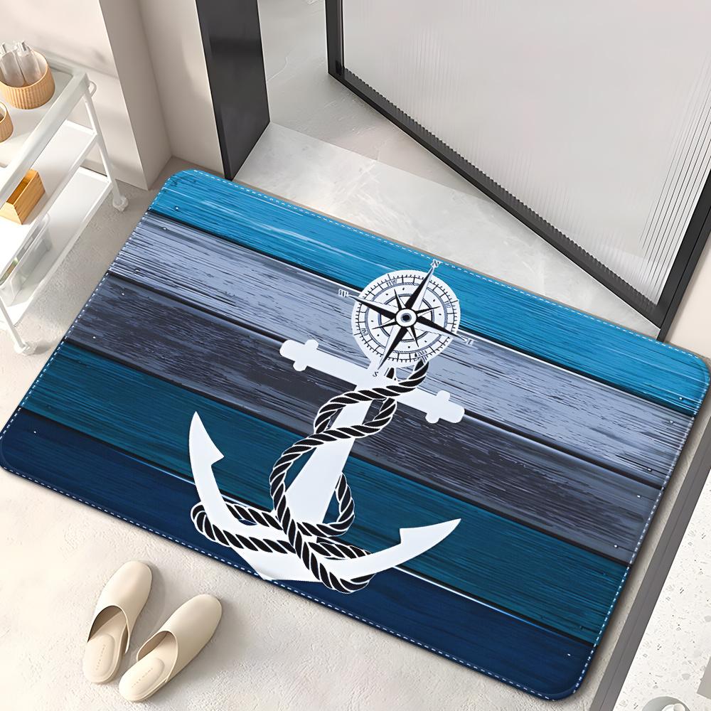 

1pc Nautical Anchor Design Non-Slip Door Mat, HD Printed Machine Washable Polyester Mat with Blue Wood Plank Pattern for Bathroo 40x60cm
