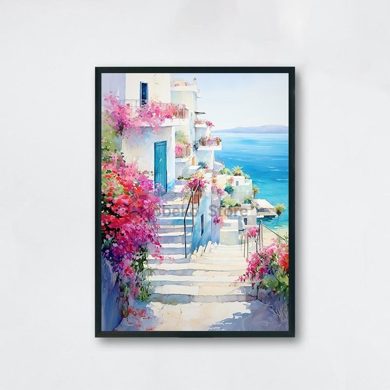 Watercolor Style Mediterranean Coast Sea Poster Seaside Landscape Prints Canvas Painting Wall Art Pictures Home Room Beach Decor