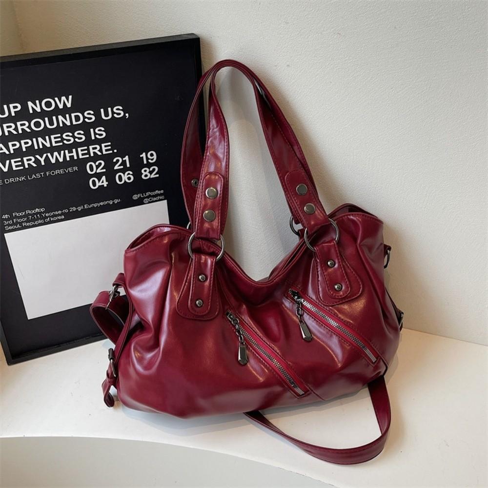

New Soft Shoulder Bag Large Capacity Glossy PU Leather Tote Bag Solid Color Multifunctional Handbag Women красный
