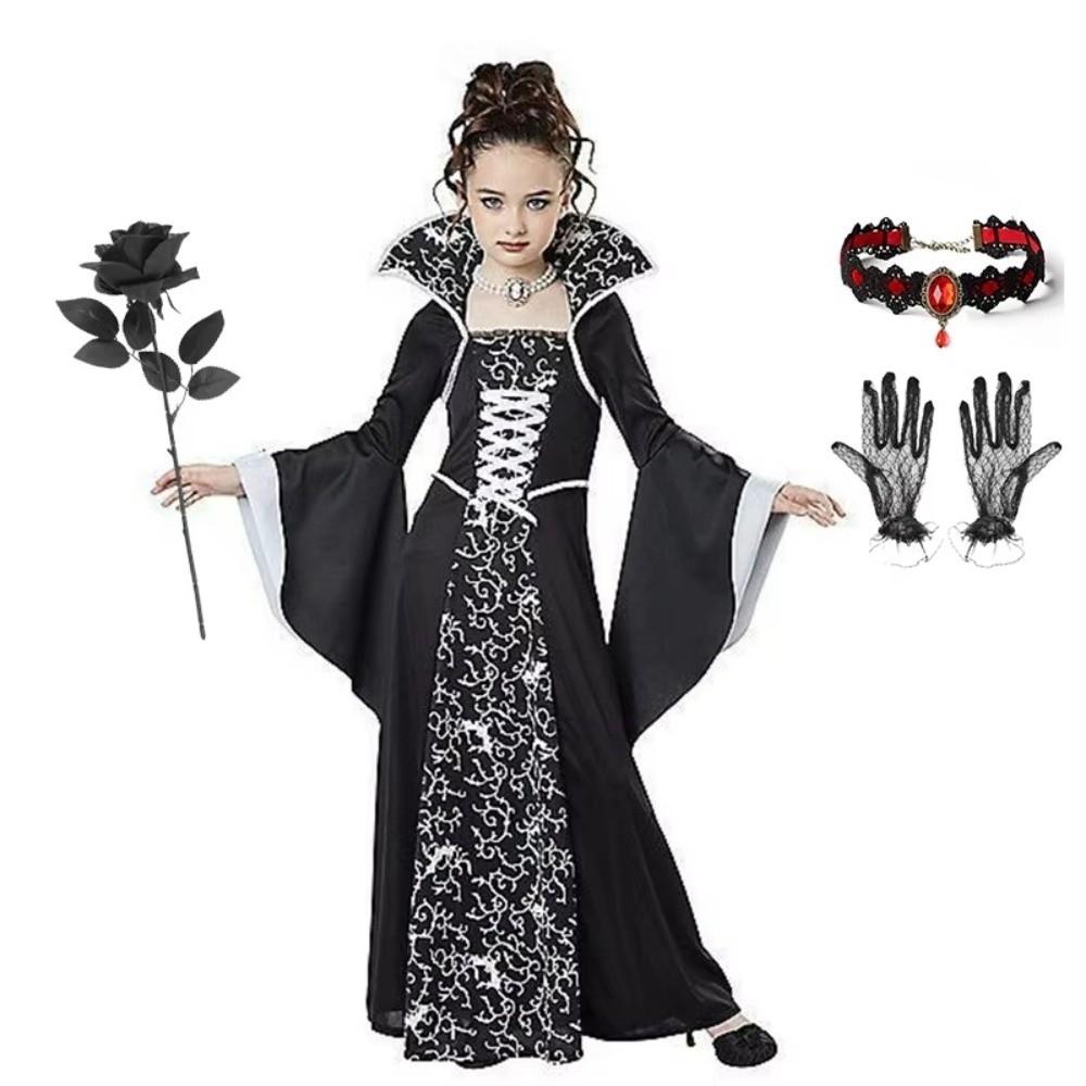 Girls Size 4-12Y Witch Cosplay Costume Black Color Cosplay Dress Gown  For Kids