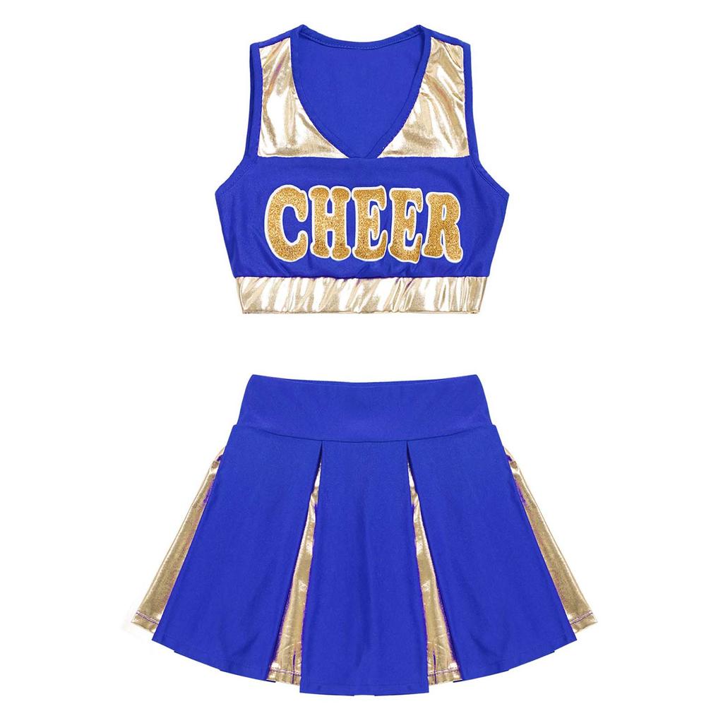 Girls Cheerleading Dance Set Patchwork Crop Top V Neck Letter Print with Elastic Waist Skirt