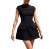 2024 Spring European & American Women's Solid Color Round Neck Pocket Waist-Slimming Dress