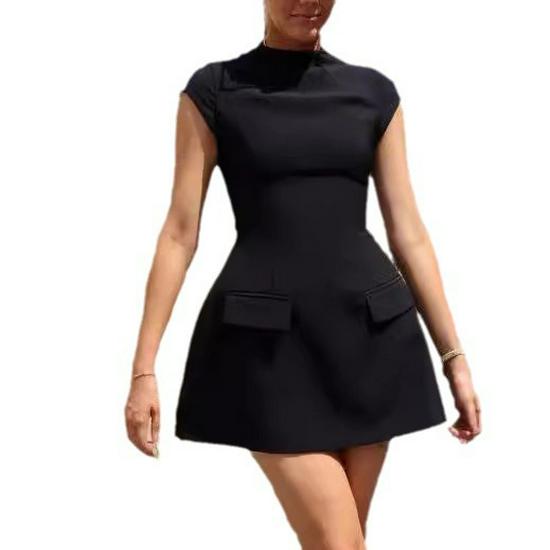 2024 Spring European & American Women's Solid Color Round Neck Pocket Waist-Slimming Dress