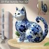 Elegante Blauw Witte Porseleinen Kat Acryl Bureau Decoratie, 2D Vlak Kunst Ontwerp, Boho Stijl voor Huis Kantoor Bar Cafe, Perfect Cadeau voor Kattenliefhebbers, Valentijn