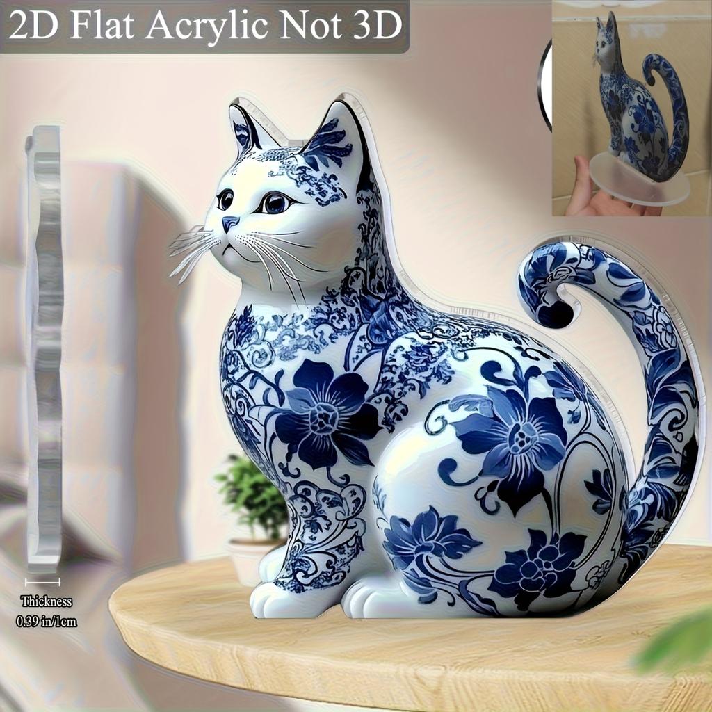 Elegante Blauw Witte Porseleinen Kat Acryl Bureau Decoratie, 2D Vlak Kunst Ontwerp, Boho Stijl voor Huis Kantoor Bar Cafe, Perfect Cadeau voor Kattenliefhebbers, Valentijn