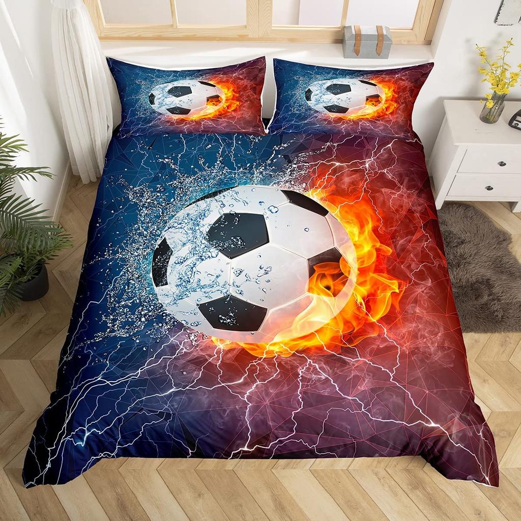 Cartoon Soccer Duvet Cover Set Printed Football Bedding Sets For Kids Boys Girls Bedroom Decor Sports Theme Comforter Cover Set