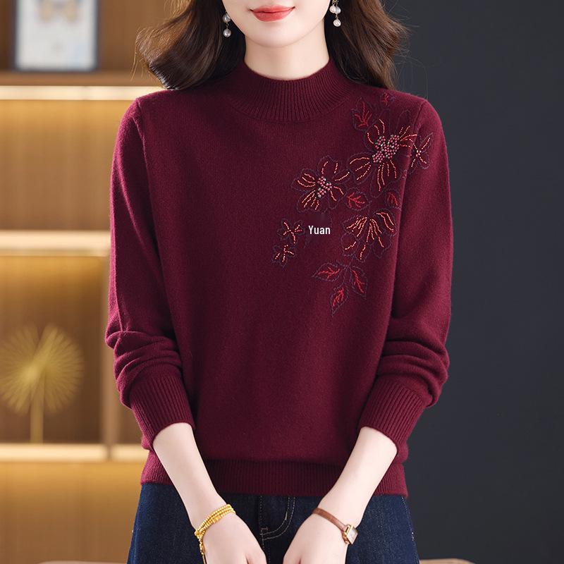 

Elegant Embroidered Pure Wool Turtleneck Sweater for Women - Autumn/Winter, Loose Fit, Middle-Aged & Elderly. 3XL (recommended for 135-145 jin) вина червоного кольору