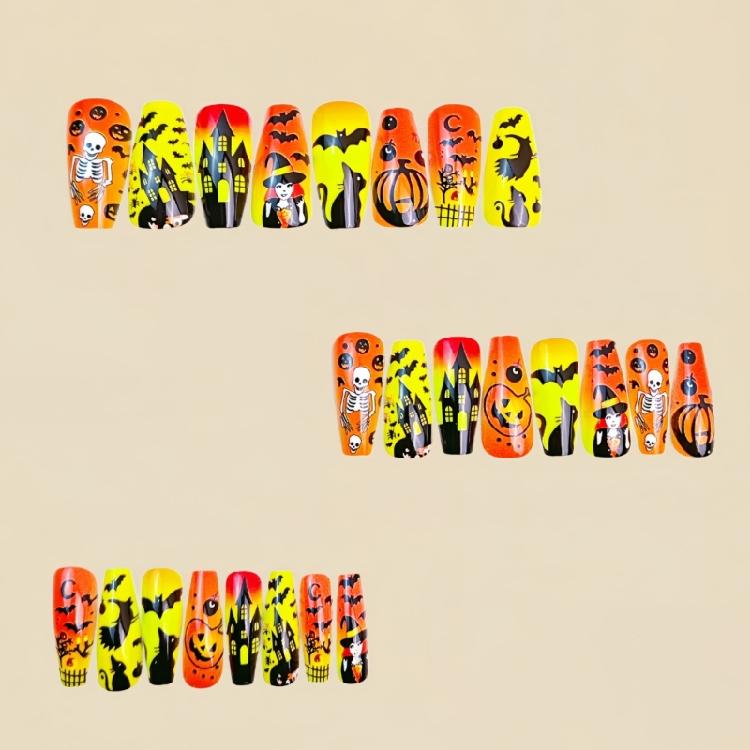 24pc Pumpkin Ghosted Bat False Nail Medium Square Shape ABS Fake Nail Halloween Party Nail Easy Application Design