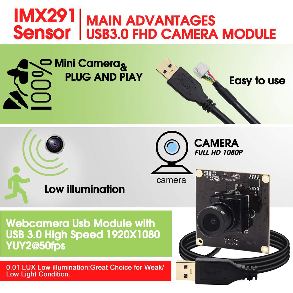 ELP USB 2 Webcam 50fps 1080P 50fps Webcam FHD con Sony IMX291 Cámara USB Full HD USB para Video y Cámara Integrada Compatible con y Mac 3.0 Cámara,