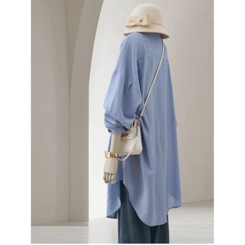 Spring Women's Shirt Medium To Long Length Flip Collar Long Sleeve Over Striped Shirt for Women