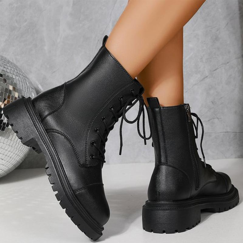 Fashion 2025 Fashion Leather Lace-Up Ankle Boots for Women Wear-Resistant Zip Platform Woman Bootie Round Toe Zip Women's Boots