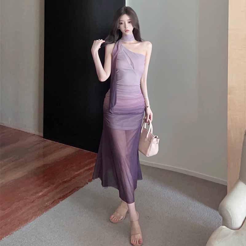 

Чистое желание ветер постепенное изменение сетчатая перспектива наклонное плечо тонкое платье прилив S