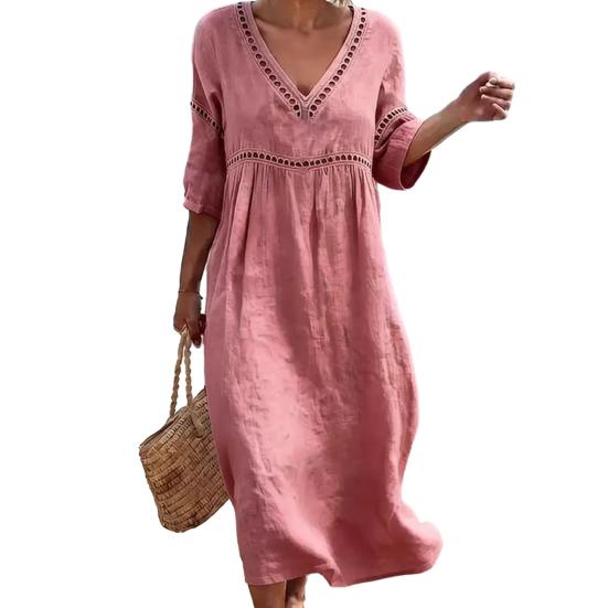 Summer Linen Dress for Women, Casual Beach A-Line Flowy Sundress, Short Sleeve V Neck Hollow Eyelets Long Dress