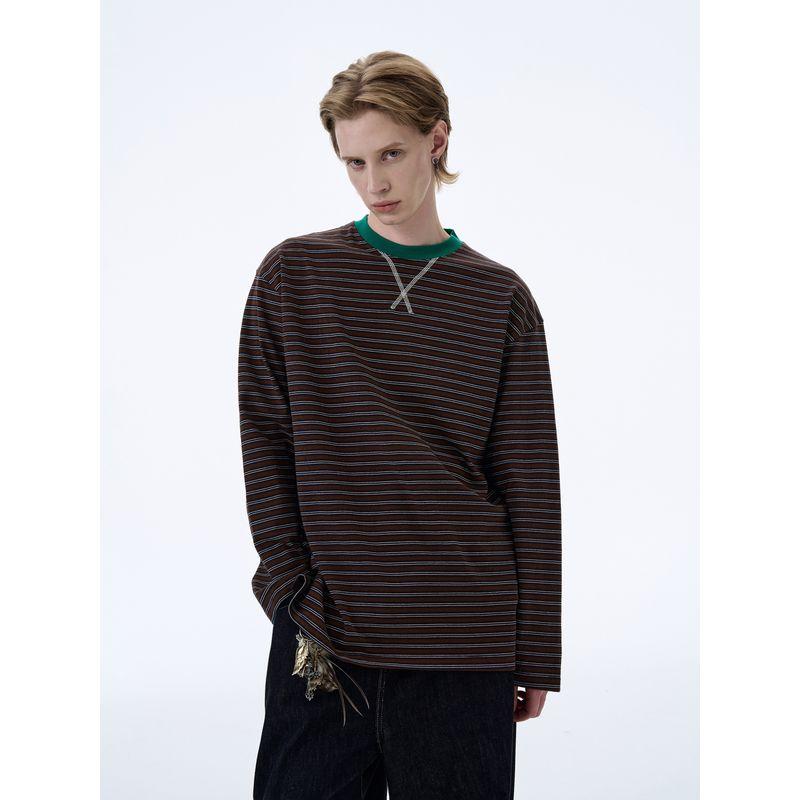Kisko American Retro Classic Striped Color-Blocked Loose Long-Sleeve T-Shirt for Men and Women, High-End Casual Sports Style Top