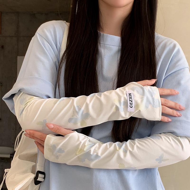 Gradient Butterfly Ice Silk Sun Protection Sleeves - Women s Anti-UV Cute Summer Cycling Driving Arm Sleeves. синий