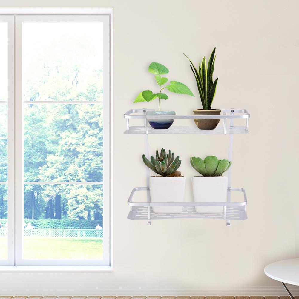 Double Layers Aluminum Wall Mounted Storage Shelf Rack with 2 Hanging Hooks Bathroom