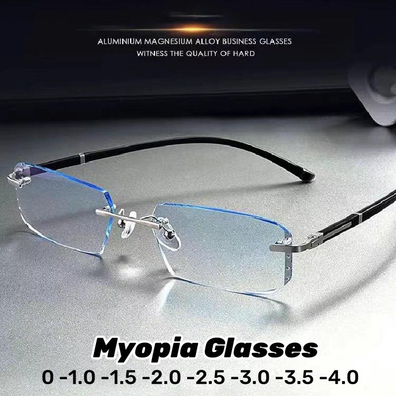 Luxury Frameless Diamond Cut Edge Minus Glasses for Men Women Ultralight HD Anti Blue Light Myopia Eyeglasses Diopter 0 To -4.0