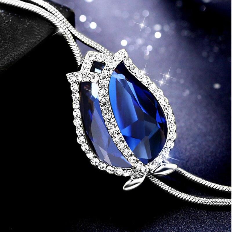 Collares largos y colgantes para mujer, collar de cadena con tulipán azul, suéter llamativo, joyería de cristal plateado a la moda 2021