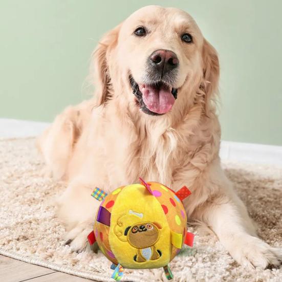 Dog Squeaky Plush Ball with Straps Stuffed Ball with Built-in Bell Pet Interactive Fetch Toy for Small Medium Large Dogs