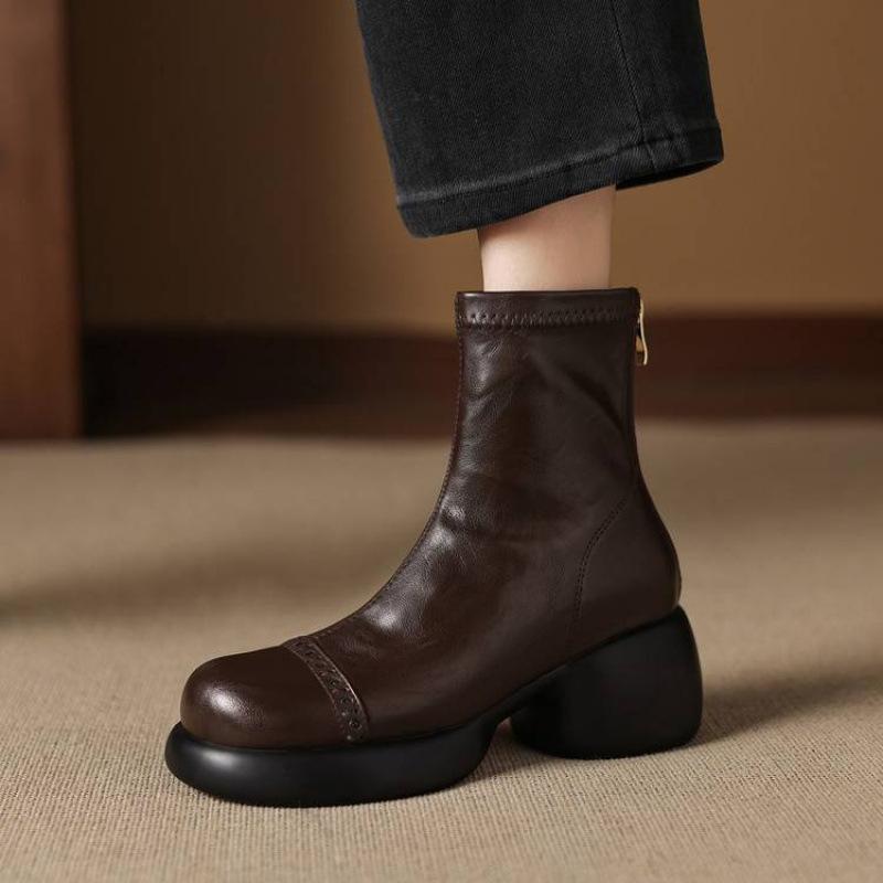 Neue Damenmode-Stiefel mit runder Spitze, dicker Sohle und Übergröße, bequeme und rutschfeste Damenstiefel mit hohem Absatz und Reißverschluss hinten, runde Spitze, Blockabsätze.