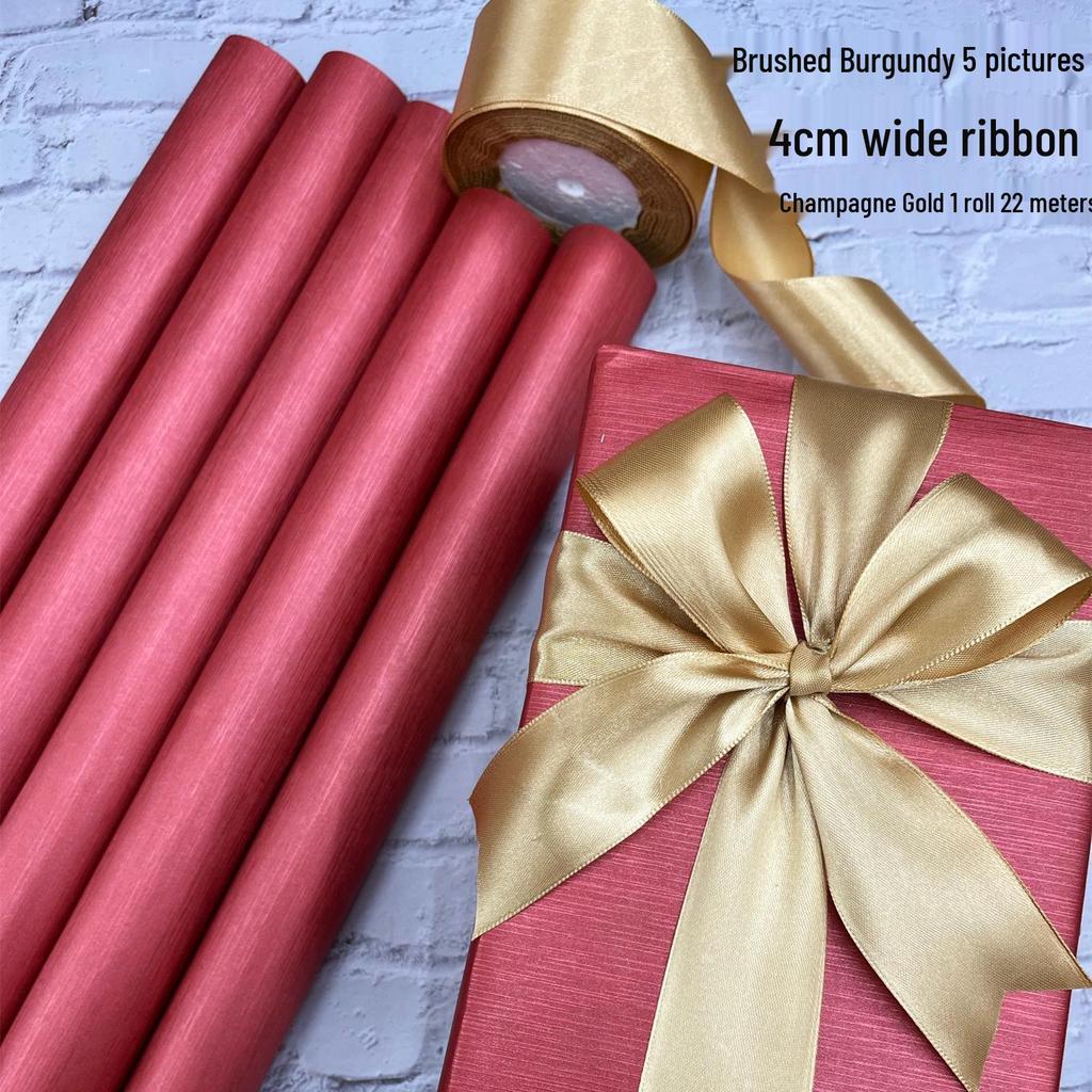 Pearlescent Brushed Light Wine Red Gift Wrapping Paper with Ribbon - Large Sheet for Birthday and Display Decoration.