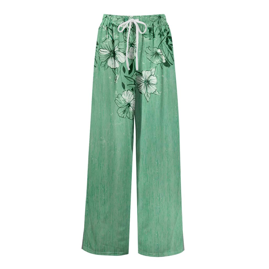 Women Summer Boho Palazzo Pants High Waist Wide Leg Floral Printing Casual Trousers With Pockets