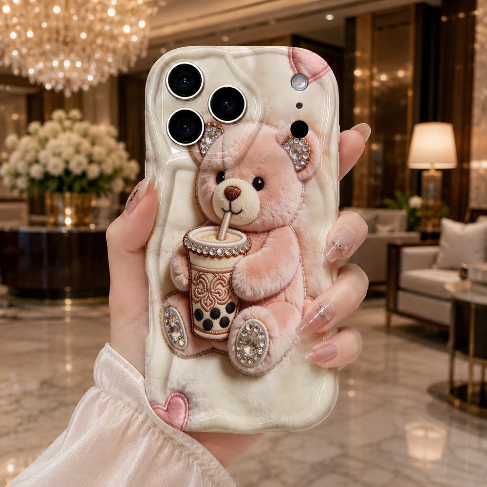 Embroidery Pink Bear Boba Milk Tea Wavy Edge Phone Case For iPhone 17 16 15 14 13 12 11 8 7 Plus Pro Max Cute 3D Cover