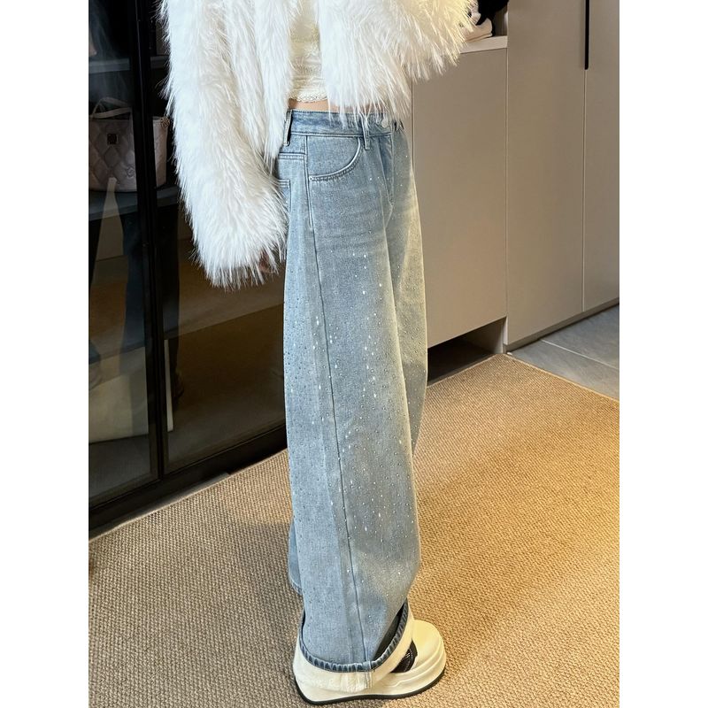 American Retro Style Star-Studded Rhinestone Jeans for Women, New Spring Design for Plus-Size Girls, High-Waisted Wide-Leg Pants