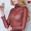 High Neck Mesh Base Shirt Sexy Single-layer Transparent Long Sleeved Inner T-shirt Ins Style Autumn Mushroom Edge Shiny Silk Top