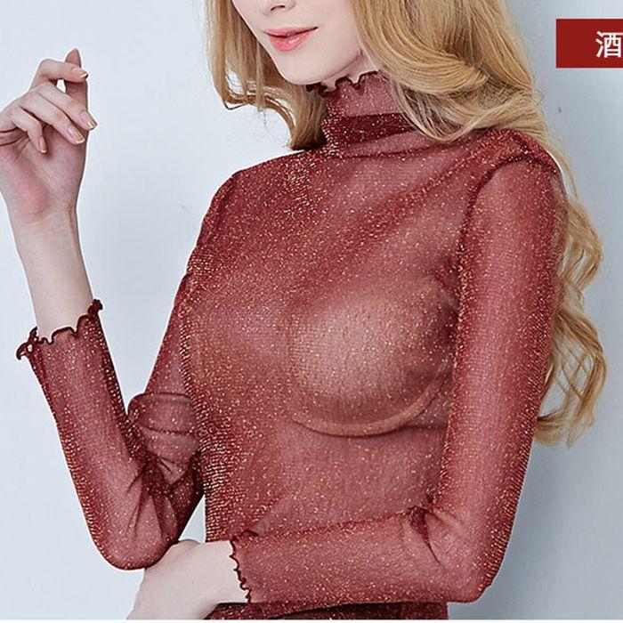 High Neck Mesh Base Shirt Sexy Single-layer Transparent Long Sleeved Inner T-shirt Ins Style Autumn Mushroom Edge Shiny Silk Top