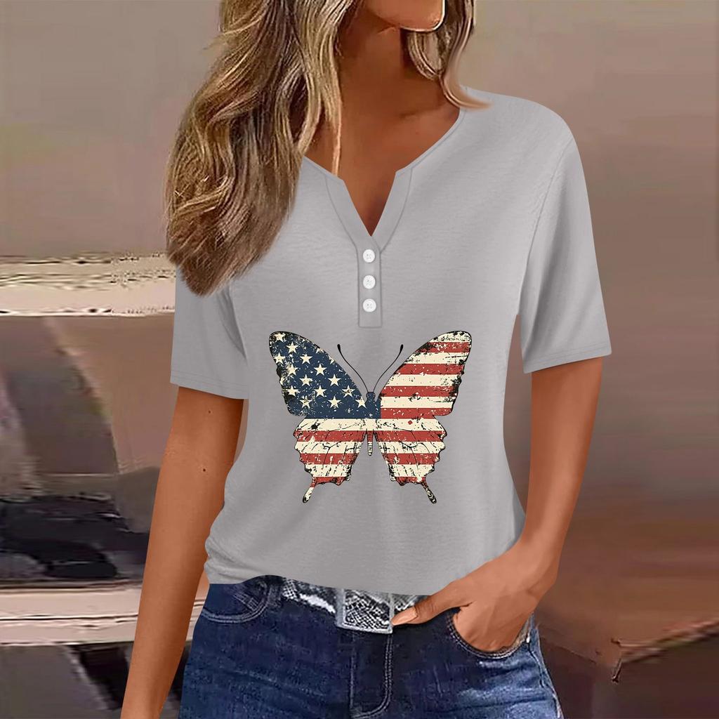 Women's T Shirt Tee Independence Day Print Button Short Sleeve Daily Weekend Fashion Basic V-Neck Regular Top