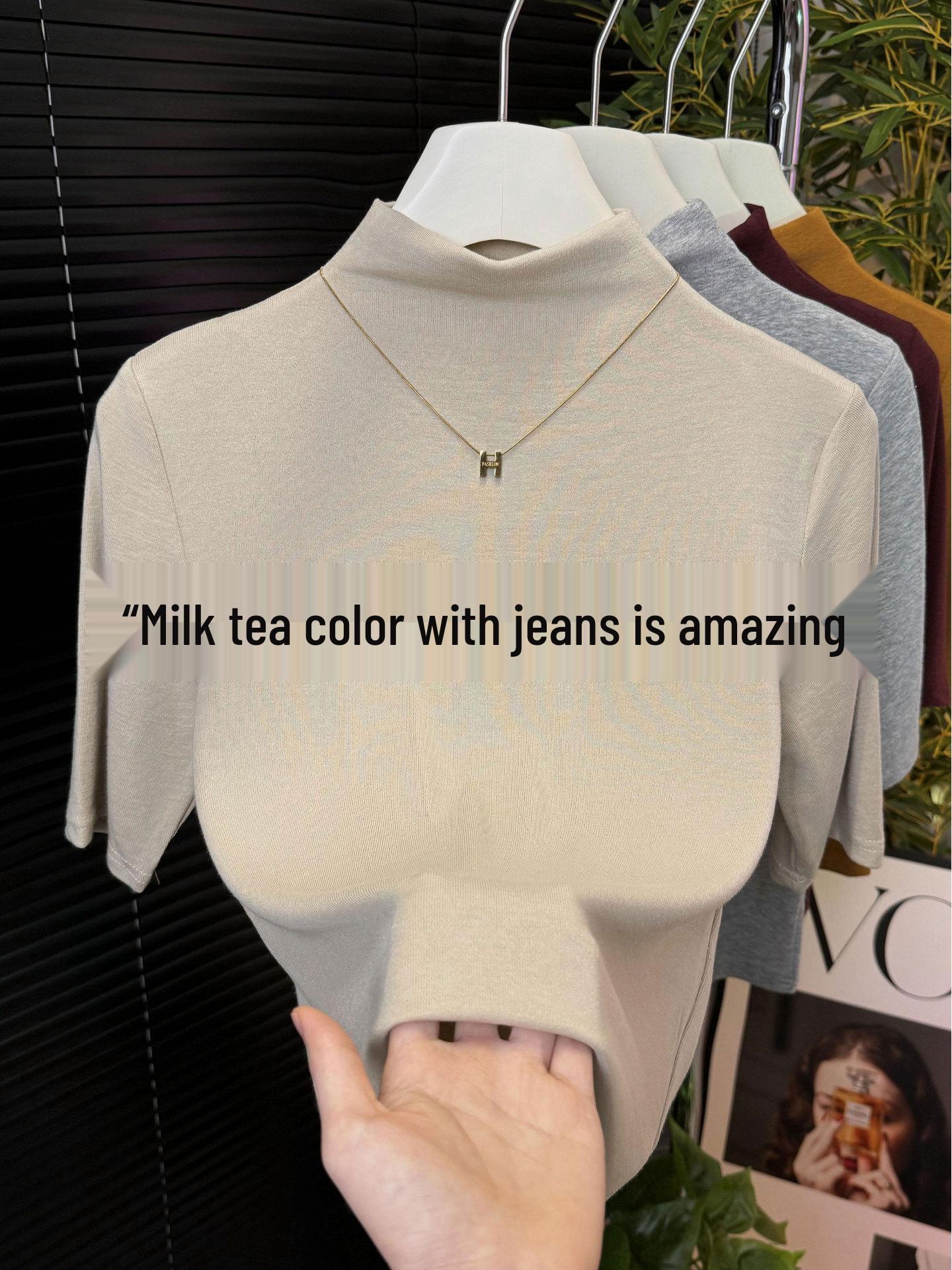 

Spring 2026 Women s Ribbed Cotton Mid-Sleeve T-Shirt with Half-High Neck - European Slim Fit Top XXL [140-160 lbs]