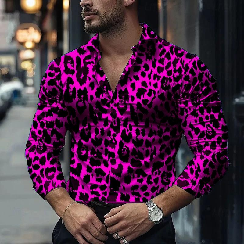 Herrenhemd mit einzigartigem Leopardenmuster, langärmelig, stilvoll, schmal geschnitten, trendy, geeignet für Partys, die Straße und Freizeitkleidung. S purple
