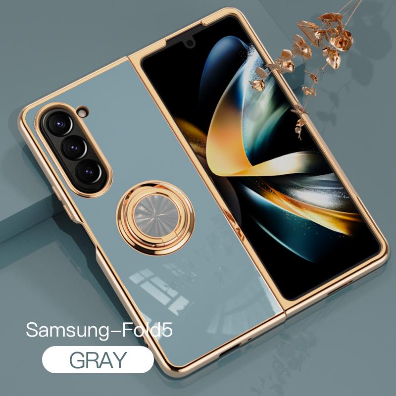 Luxury Plating Metal Ring Holder Phone Case For Samsung Galaxy Z Flip 5 4 / Z Fold 6 7 Flip7 Fold7 5G Silicone Back Cover Funda