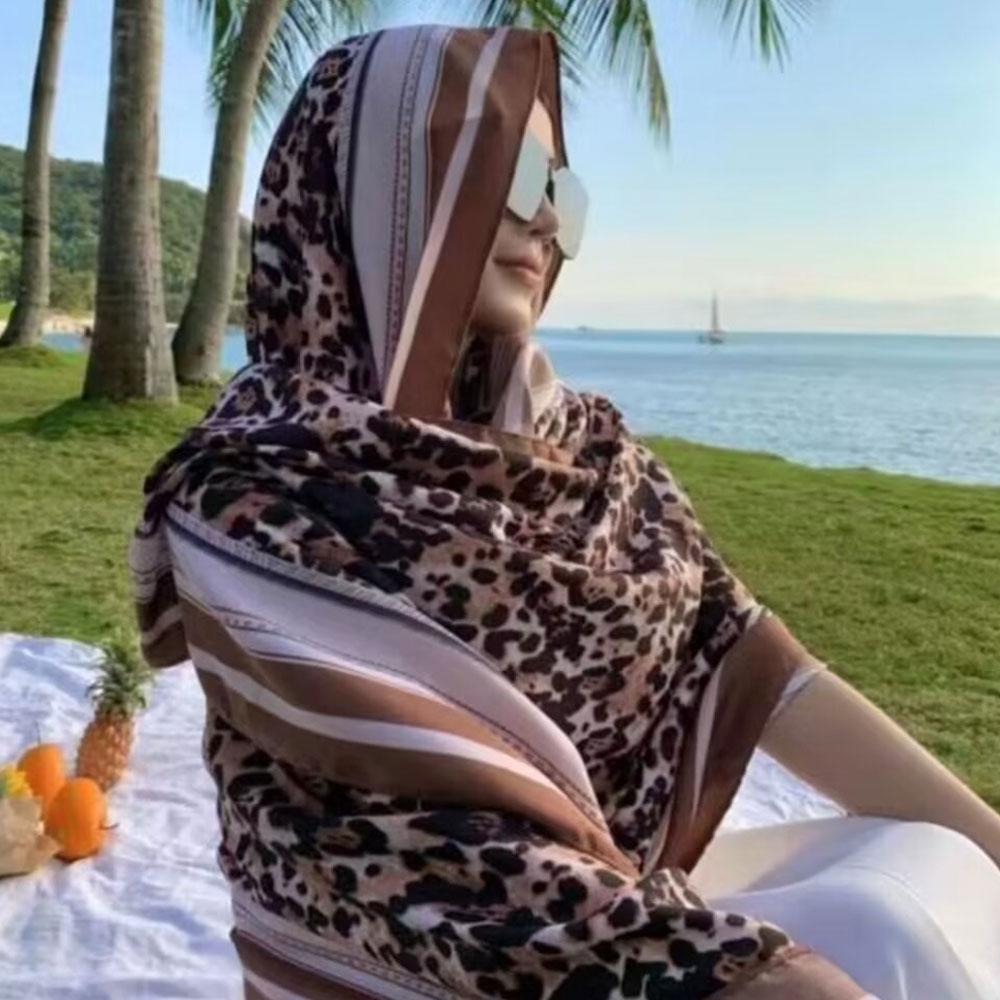 180Cm Leopard Print Flower Ethnic Style Scarf For Women'S Summer Sun Protection Silk Scarf, Paired With A Shawl Cape Beach Scarf