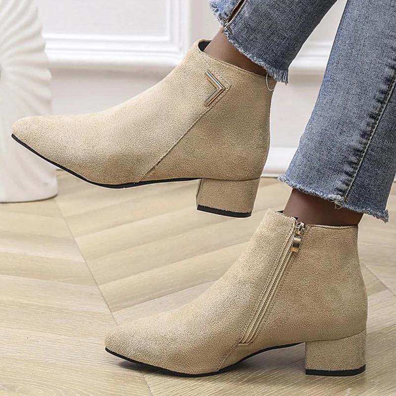 Fashion 2025 Spring Autumn Fashion Faux Suede Ankle Boots Women Solid Color Zipper Boots Woman Metal Decoration Pointed Toe Botas Lady