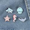 3pcs Cute Cartoon Chibi-Style Marine Creature Metal Pins: Seahorse, Shark, Jellyfish, Starfish Bag Accessories & Brooches