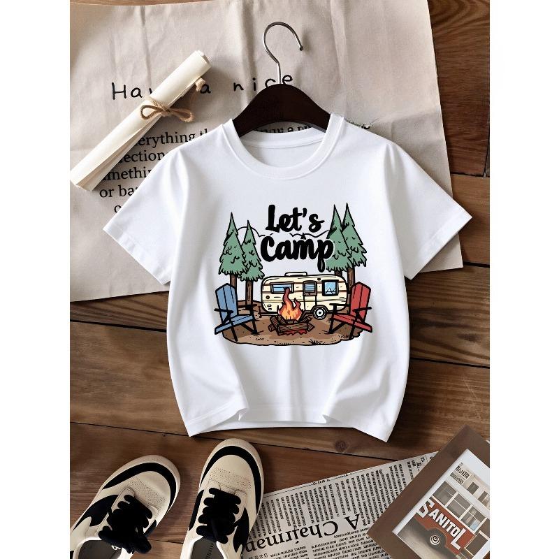 European sizes Boys' T-shirt Let's Camp Camper Fire Trees Chairs, Ideal for Outdoor Activities, Soft Knitted Top, Comfortable And Breathable
