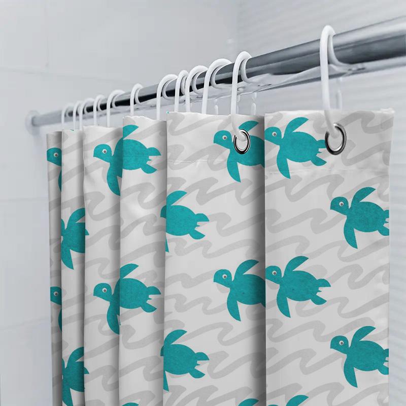 Blue Sea Turtle Bath Shower Curtain White Background Waterproof Bathroom Decorations Plastic Rod Pocket Hook Set Modern Home Dec