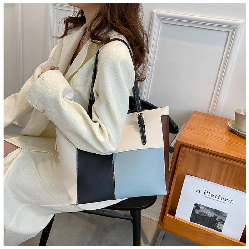 Korean Style Color Blocking Large Capacity Tote Bag Trendy Fashion Shoulder Handbag Casual Shopping Bag for Women CLE