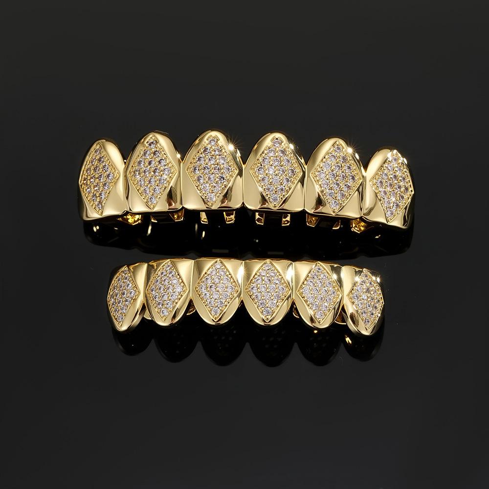 Hot-selling 18K Gold-plated Tungsten Hip-hop Grillz Cross-border Trade Europe America Unisex Antique-style Rhombus-shaped Zircon