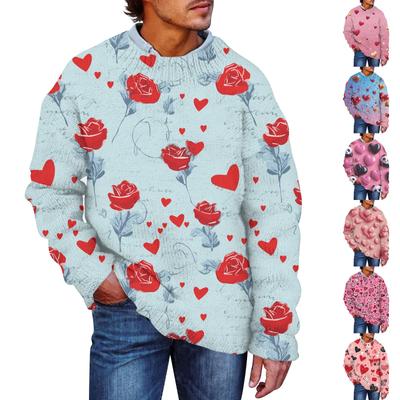 Pull Homme Imprimé Saint-Valentin Faux Pull, Sweat-shirt Col Rond, Haut Ample à Manches Longues