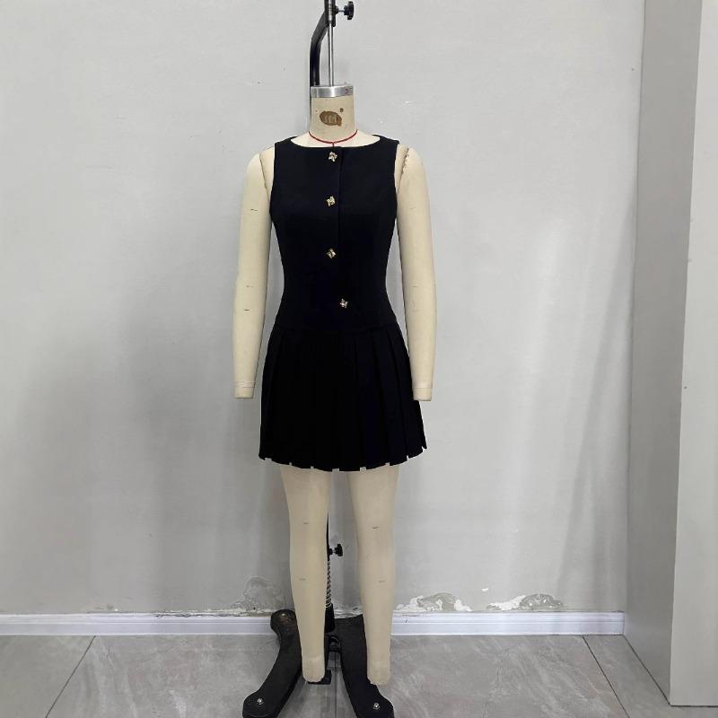 Women's Wide-hem Pleated Cinched Waist Sleeveless Dress