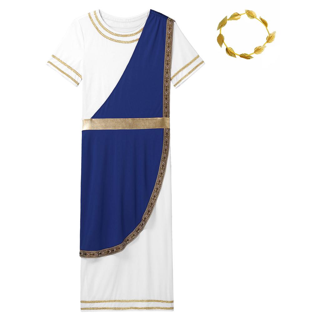 Mens Ancient Greek Toga Costume Short Sleeve Retro Gold Trim Roman Robe Headband Cosplay